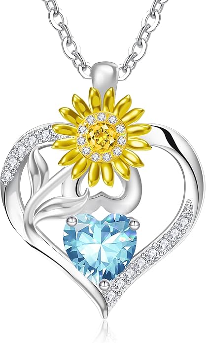 RIVIKO Valentine's Day Gifts for Her-Sunflower Birthstone Necklace for Women,925 Sterling Silver Heart Pendant,Anniversary Birthday Gifts for Women,Birthstone Jewelry for Wife Mother