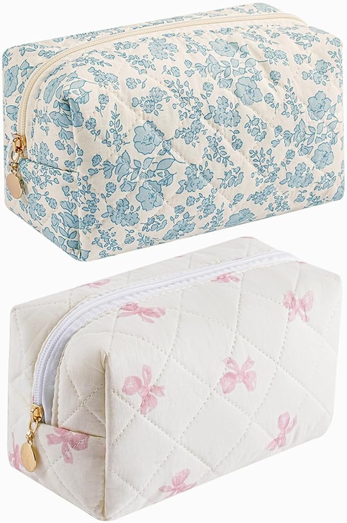 Cute Floral Makeup Bag Small Cotton Quilted Cosmetic Bag, Aesthetic Essential Bag Emergency Bag Gift for Women Girls Travel Accessories (Two Pack: (Blue Floral+Pink Small Bowknot)