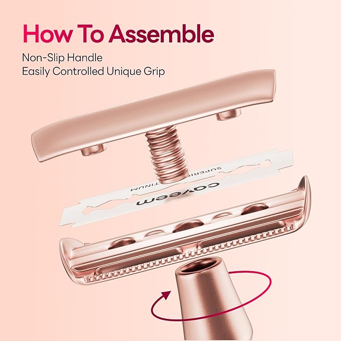 CAVEEM Rose Gold Double-Edge Safety Razor, Single-Blade Razors with 5 Stainless Steel Blades, Reusable Metal Razor for Men and Women