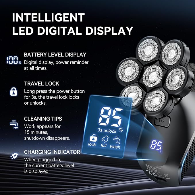 7D Head Shavers for Bald Men - 5 in 1 kensen Electric Head Hair Shaver, Christmas Gift Head Electric Razor with Nose Hair & Beard Trimmer Cordless IPX6 Waterproof Wet Dry LED Display Travel Case