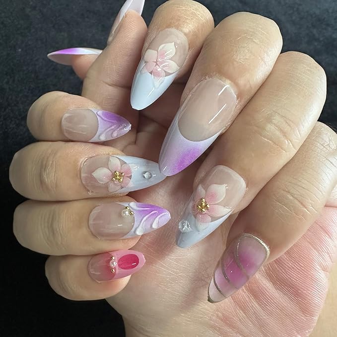 JONKASIPA 24 Pcs Press On Nails, Pink Acrylic Fake Nails French 3D Flower Pearls Decorative Nail Art for Women