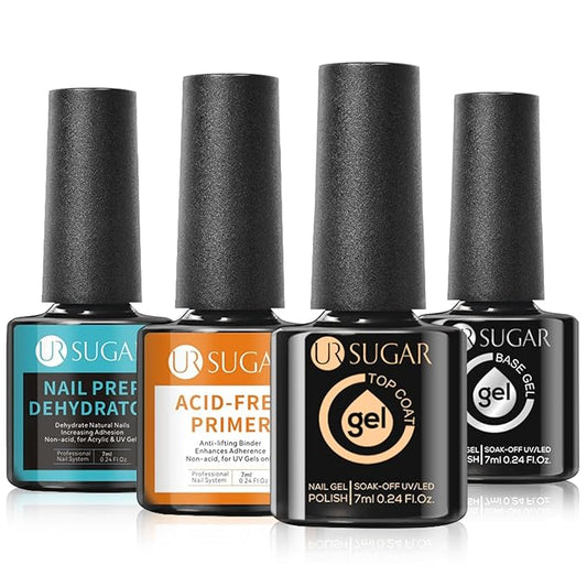 UR SUGAR 4 Pcs Nail Dehydrator Nail-Primer Base and Top Coat, Acid Free Natural Nail Prep Dehydrate & Bond Nail-Primer Kit, Glossy Surface Quick Drying Long Lasting and Easy to Apply