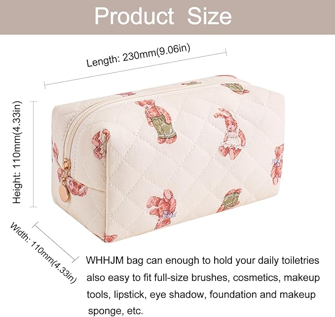 Cute Floral Makeup Bag Small Cotton Quilted Cosmetic Bag, Aesthetic Essential Bag Emergency Bag Gift for Women Girls Travel Accessories (Bear)