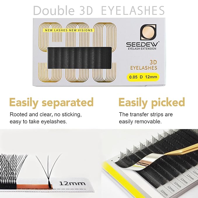 SEEDEW 3D-Double Tips Lash Extensions, 0.07mm C Curl MIX8-15mm 12 Rows/Tray, W Shape 3DD Flat Stem, PBT Natural Eyelashes for Beginner Artist, Lash Tech, Beauty Salon(3DD-Matte Black-0.07-C-MIX8-15mm)