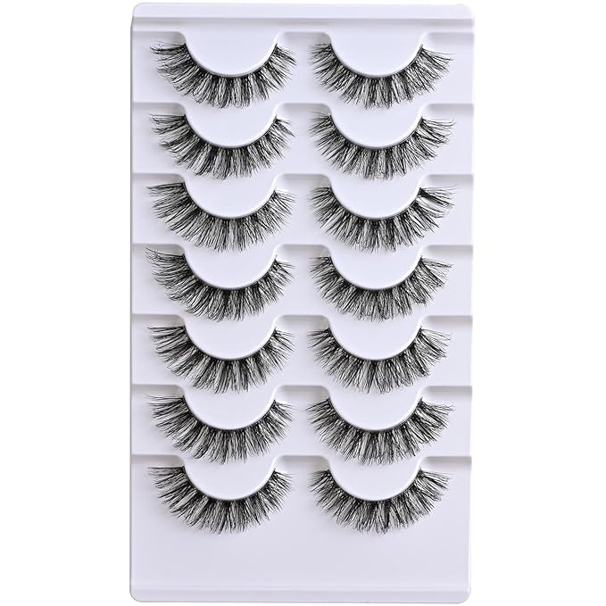 APCYUST Lashes Wispy False Eyelashes Natural Cat Eye Strip Lash Fluffy Fake Lashes Strips Clear Band Mink Eyelash Natural Look Cateye Demi Wispies Eye Lashes Pack 7 Pairs Short Full Pestañas Set