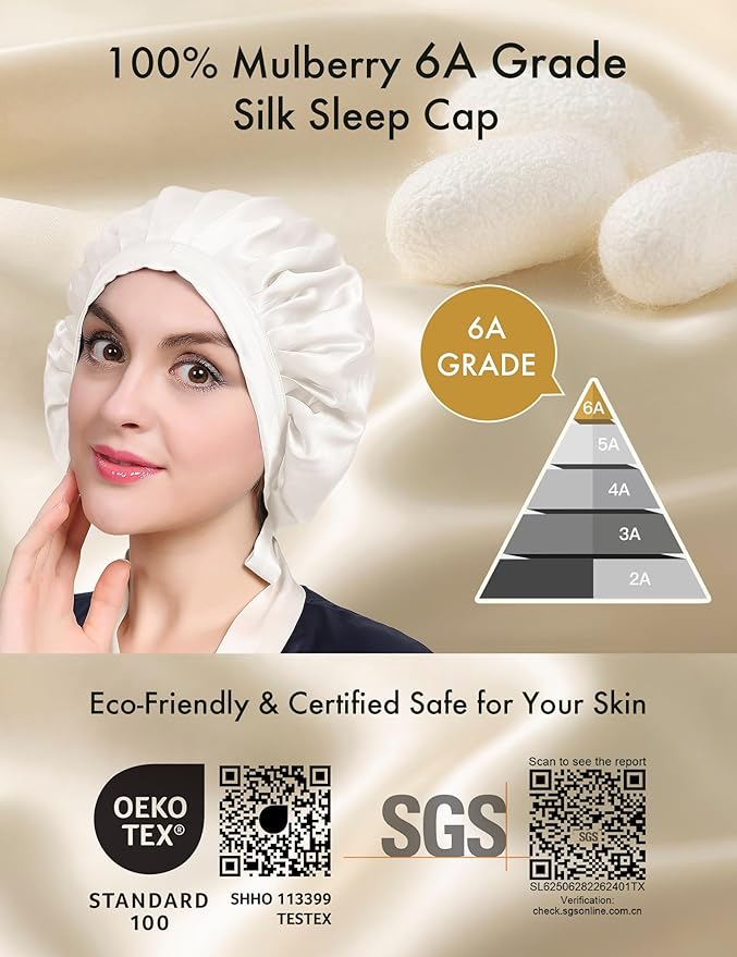 LILYSILK 100% Mulberry Silk Bonnet, 19 Momme Silk Night Sleep Cap Adjustable Hair Wrap for Sleeping, Ivory