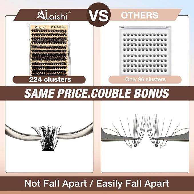 AILAISHI Lash Clusters Kit, DIY Cluster Eyelash Extensions 9‑16mm, 60D+80D+100D, 224pcs Fluffy D Curl Natural Lashes with Bond & Seal,Remover,Tweezers,Brush–Fake Cat Eye Individual Clusters