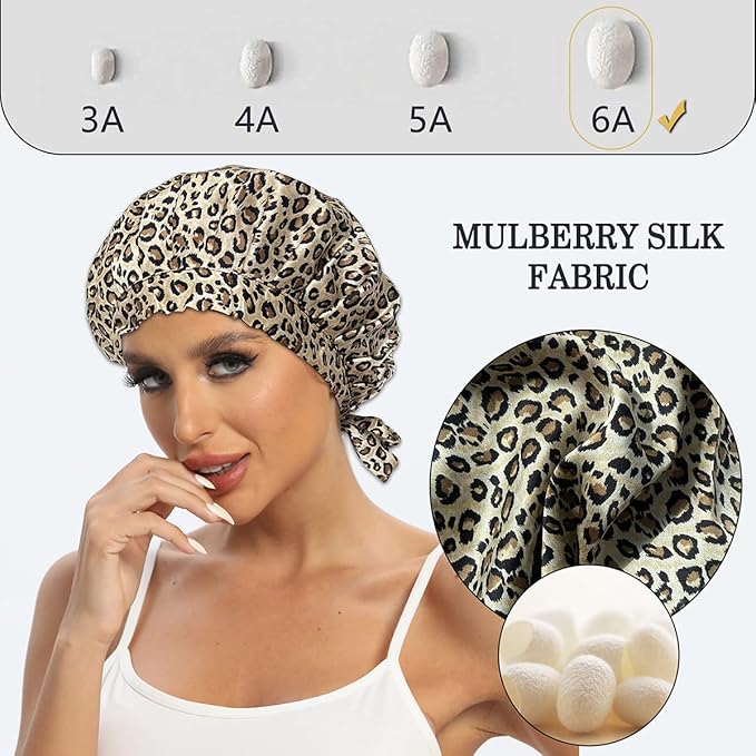 Cocheng 100% Mulberry Silk Bonnet for Sleeping Double Layer Silk Sleep Cap with Adjustable Tie Band 19 Momme Breathable & Adjustable Hair Bonnet (Leopard)