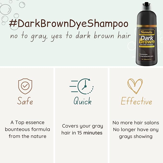 KILOMETS Dark Brown Hair Color Dye Shampoo, 400ml - 100% Grey Coverage in Minutes, Ammonia Free - Gray Silver Hair Dye Shampoo