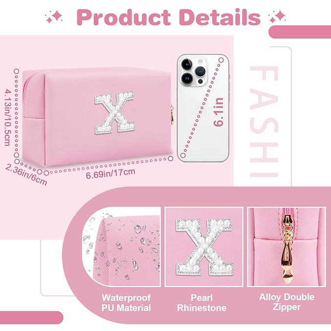 ChaoGreat Bride Gifts – Personalized Initial Makeup Bag with Pearl Rhinestone Patch, Preppy Pink Monogram Cosmetic/Toiletry Pouch, bridesmaid Gifts, Bridal Shower Gifts, Wedding Gifts, Bridal Gifts,X