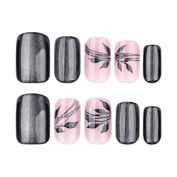 Medium Press on Nails Square - Black Fake Nails with Leaf Design - Glitter Glossy Full Cover Stick on False Nails - for Women Fall Manicure 24 Pcs