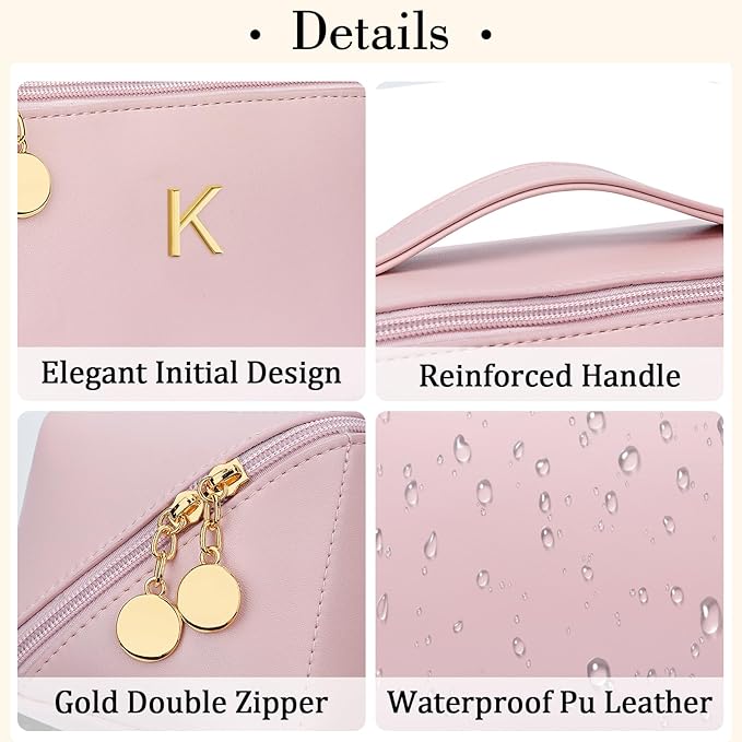 Gifts for Women Bridesmaid Gifts Personalized Initial Makeup Bag PU Leather Cosmetic Waterproof Travel Toiletry Bag (Large)
