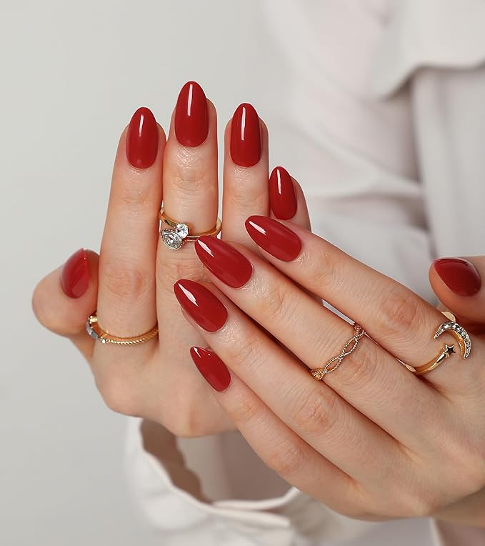 Morily Red Press on Nails, 30Pcs Short Almond Fake Nails Glossy Acrylic False Nails Reusable Full Cover Stick on Nails for Women, 15 Sizes, Thicker Fingertips