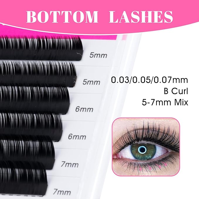 TDANCE Bottom Lash Extension 0.03/0.05/0.07mm Thickness Bottom Lashes Lower Lash Extensions B Curl 5-7mm Mixed Under Bottom Eyelashes (0.03-B,5-7 mm)