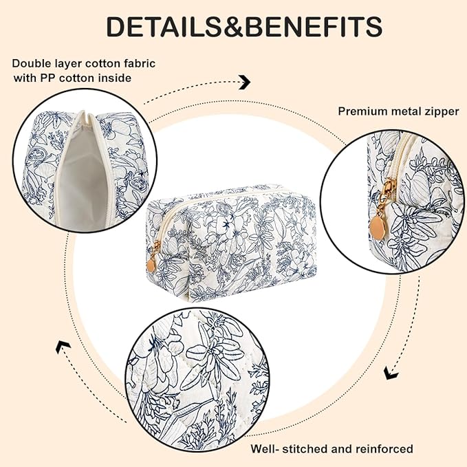 Cute Floral Makeup Bag Small Cotton Quilted Cosmetic Bag, Aesthetic Essential Bag Emergency Bag Gift for Women Girls Travel Accessories (Navy Flowers)