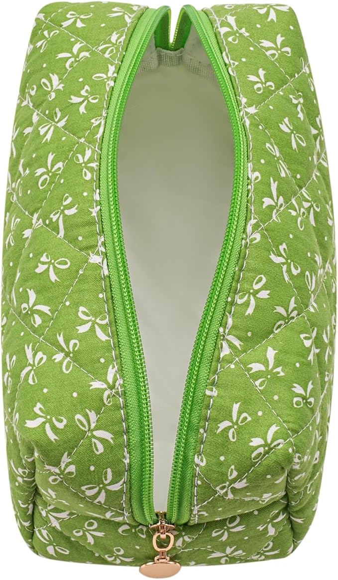 Cute Floral Makeup Bag Small Cotton Quilted Cosmetic Bag, Aesthetic Essential Bag Emergency Bag Gift for Women Girls Travel Accessories (Green)