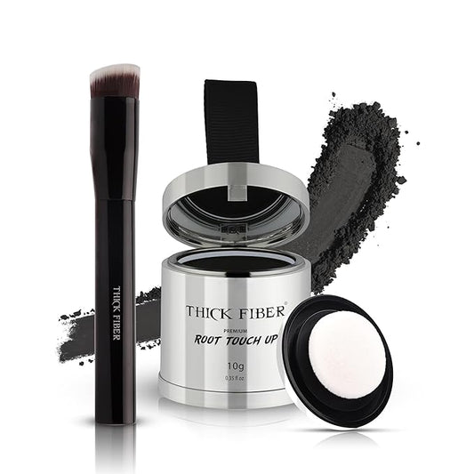 THICK FIBER Root Touch Up Powder with Brush – Covers Grey Roots, Thinning Hair & Bald Spots – Sweat & Water Resistant for Men & Women (Black, 0.35 Ounce (Pack of 1))