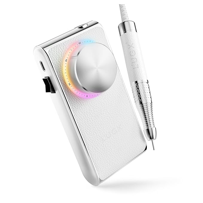 L'UGX Professional Nail Drill 30000RPM, Cordless Rechargeable Electric Nail File for Acrylic Nails Gel Polishing, Efile Nail Kit for Manicure Pedicure, Low Noise Low Vibration, 7Pcs Drill Bits, White