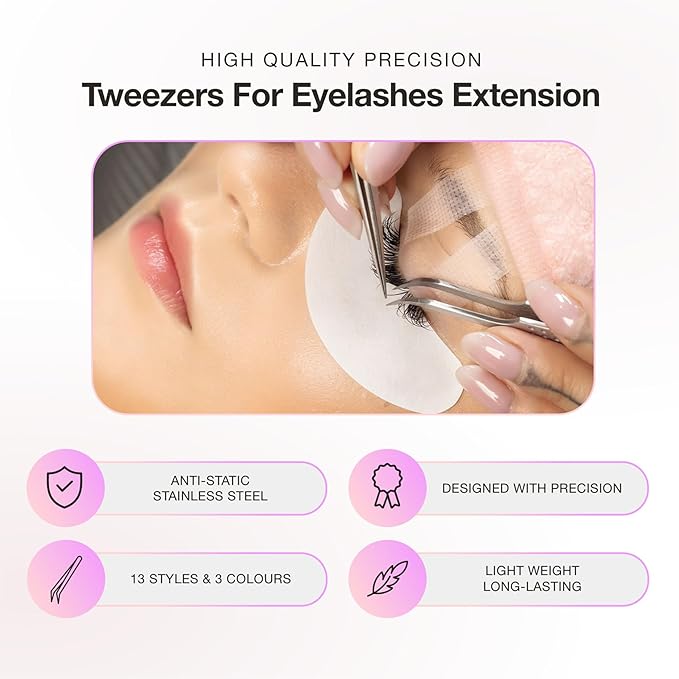 Curacoro Lash Tweezer - Professional & Precision Fiber Tip Grip Lash Tweezers for Eyelash Extensions, Multi Shapes & Purposes Tweezers for Volume, Isolation & Classic Lashes (Silver, La Classique)