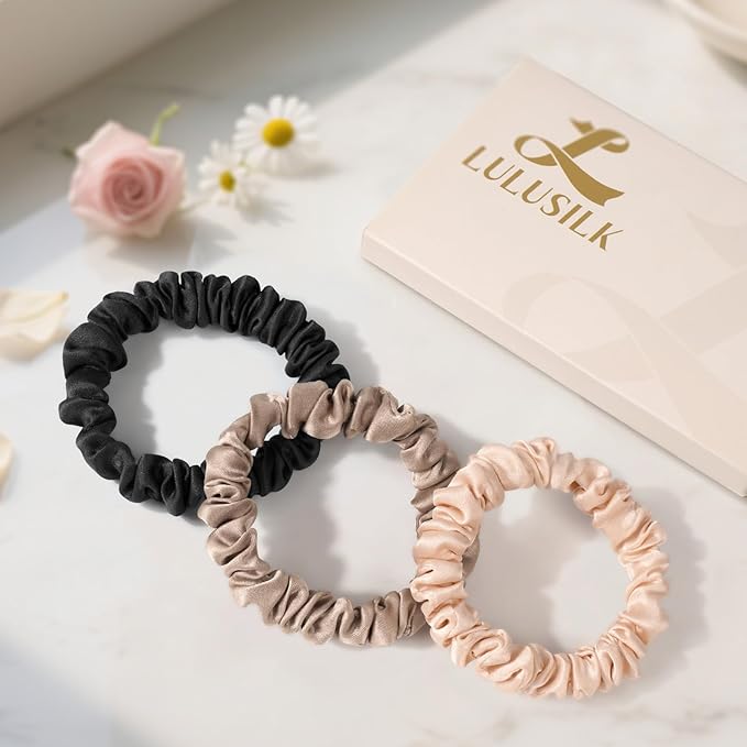LULUSILK Small Silk Hair Ties No Damage, 100% Real Mulberry Silk, Skinny Scrunchies Ponytail Holders for Thin Fine Hair, Black Brown and Lotus Pink, Pack of 3