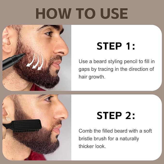 GEUUFEA Beard Pencil Filler for Men, Double Head 4 Forks Grooming Beard Pen, Fast Fill Thin Beard, Water & Sweat Resistant, Long-Lasting Black Beard Shaping Kit, Creates a Naturally Thicker Beard