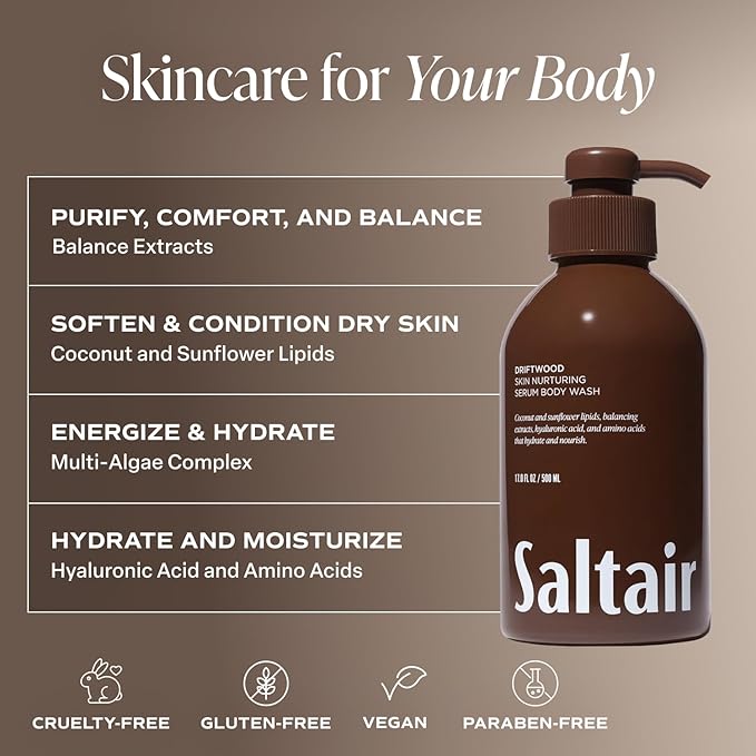 Saltair Body Wash, Driftwood 2-Pack. Moisturizing Body Cleanser with Hyaluronic Acid - Luxury Shower Gel for Women and Men. Vegan, Cruelty-Free, Paraben-Free. 2x 17oz Pump Bottles