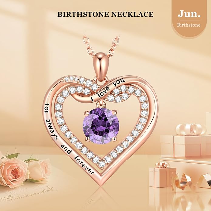 G&GEMSJEW Infinity Heart Birthstone Necklaces for Women, 925 Sterling Silver Jewelry, Pendant Heart Necklaces Birthday Anniversary Christmas Gift for Women Wife Mom Girlfriend Lady