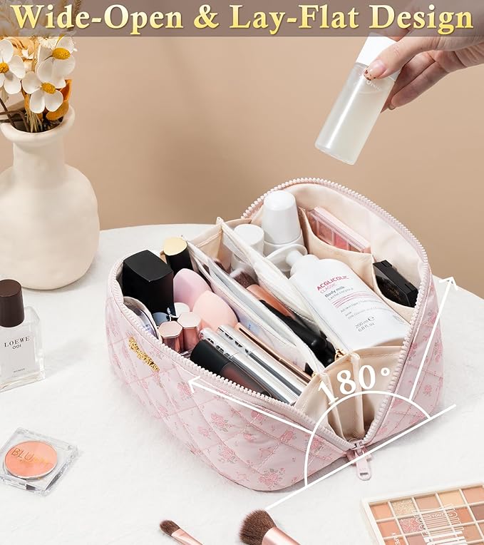 Travel Makeup Bag, 3 Pcs Large Capacity Puffy Toiletry Bag for Women, Open Flat Quilted Make up Cosmetic Organizer w/Handle & Clear Divider Water-resistant Portable Pouch Travel Essentials, M-Cherry
