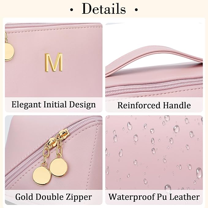 Valentine's Day Gifts for Women Teen Girl, Personalized Initial Makeup Organizer Bag Set, Open Flat Travel Cosmetic Bag With Clear Divider and Handle(Pink,M)