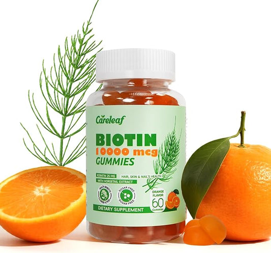careleaf Biotin Gummies, Hair Growth Gummies with 10000 mcg Biotin/Collagen/Keratin, Hair Vitamins for Fuller Hair, Stronger Nails, Glowing Skin, Beauty Support for Women, 60 Count, Orange Flavor