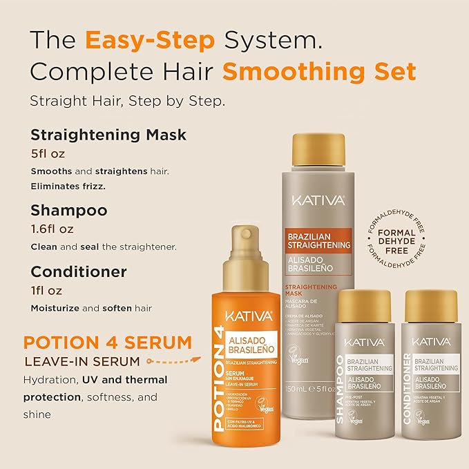 KATIVA Brazilian Keratin Straightening Kit, Shampoo Mask Conditioner + Potion 4 Heat Protectant Serum, Formaldehyde-Free Smoothing, Frizz Control, Hyaluronic Acid, Argan Oil, Vegan, Up to 12 Weeks
