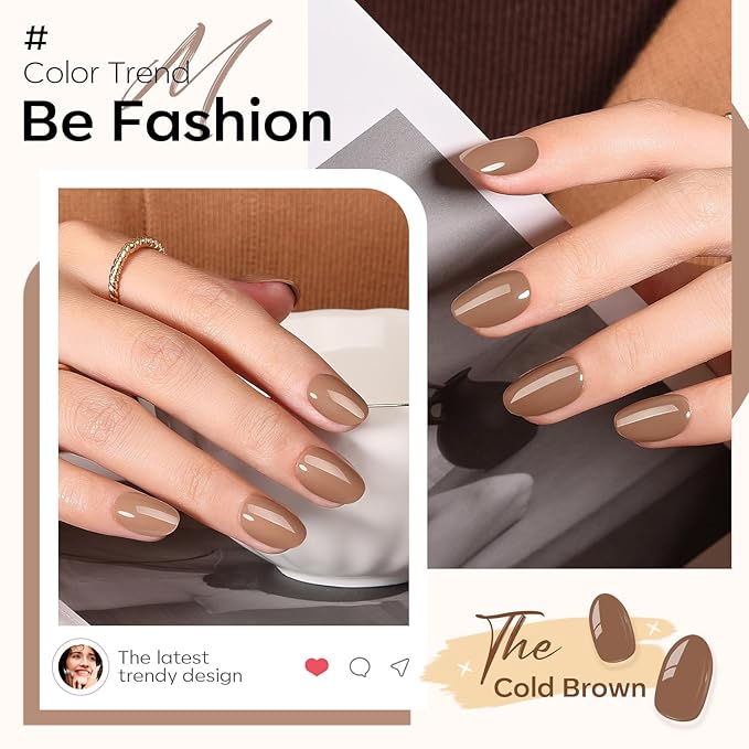 modelones Brown Press on Nails Short, Oval Fake Nails Kit Press Ons with Nail Glue, Adhesive Tabs, Nail File, Prep Pad, Manicure Stick, 32Pcs 16 Sizes