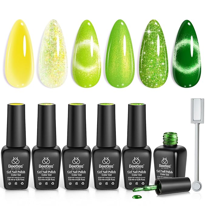 Beetles Green Gel Nail Polish Set, Winter Gel Polish Nail Kit 6 Colors Yellow Glitter Cat Eye Jelly with Cat Eye Magnet UV LED Needed Gifts for Women DIY Manicure Art Summer Beats