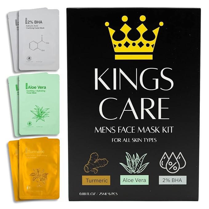 Kings Care Mens Face Mask Skin Care Kit (6 Pack) - Turmeric Anti-Acne, Aloe Vera Soothing & 2% BHA Salicylic Acid Sheet Mask - Skin Care for Men Face Masks for Hydrating, Brightening & Refining Pores
