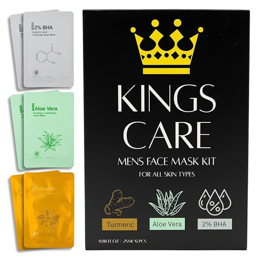 Kings Care Mens Face Mask Skin Care Kit (6 Pack) - Turmeric Anti-Acne, Aloe Vera Soothing & 2% BHA Salicylic Acid Sheet Mask - Skin Care for Men Face Masks for Hydrating, Brightening & Refining Pores