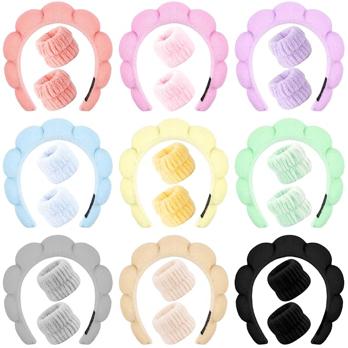 Aprince Spa Headbands and Wristbands Set Bulk 27Pcs, Terry Cloth Headbands for Washing Face, Skincare Makeup Headband for Women Girls, Puffy Padded Cloud Headband Soft Absorbent Wrist Towels