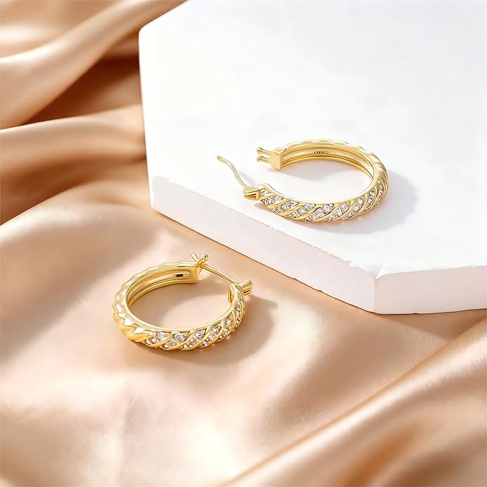 14K Gold Plated Hoop Earrings for Women 14K Gold Plated Earrings Jewelry Spiral Cubic Zirconia Thick Hoops Hypoallergenic Womens Huggie Earring 25/30MM