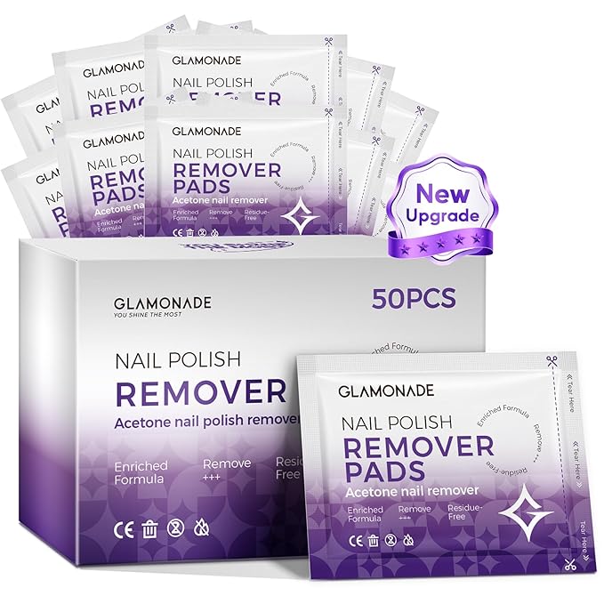 Glamonade Nail Polish Remover Pads: Acetone Nail Polish Remover Wipes 50 PCS Professional Individually Wrapped Wet Wipes Rapidly Remove Gel Fingernail Polish Travel Kit for Home & Salon Supplies