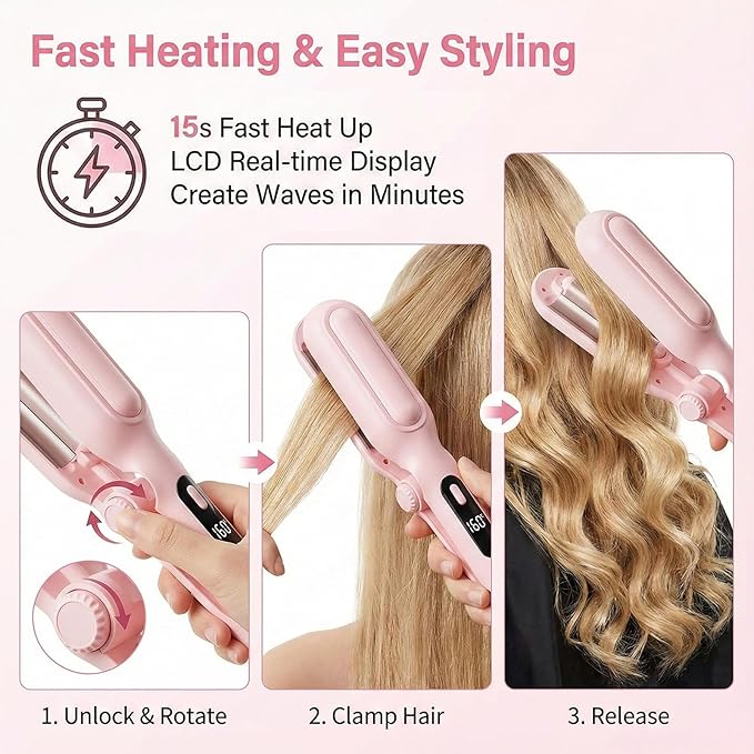 Hair Crimper for Women - Curling Iron Waver Hair Tool to Adjustable Groove - Rizadora para Cabello - Anti-Scald Tech Hair Waver - Ionic Ceramic Coating for Long-Lasting,Fast Heating,Pink, 1/1.25 Inch