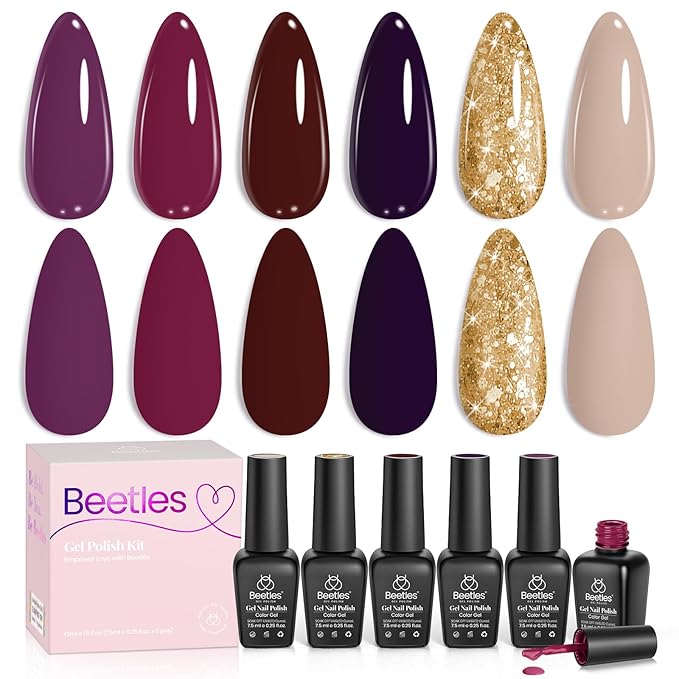 Beetles Gel Nail Polish Set – 6PCS Winter Burgundy Purple Glitter Nude Plum Gold Gel Nail Polish Kit Soak Off UV LED Terra Dusk Colors DIY Home Salon Valentines Gift for Women