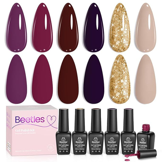 Beetles Gel Nail Polish Set – 6PCS Winter Burgundy Purple Glitter Nude Plum Gold Gel Nail Polish Kit Soak Off UV LED Terra Dusk Colors DIY Home Salon Valentines Gift for Women