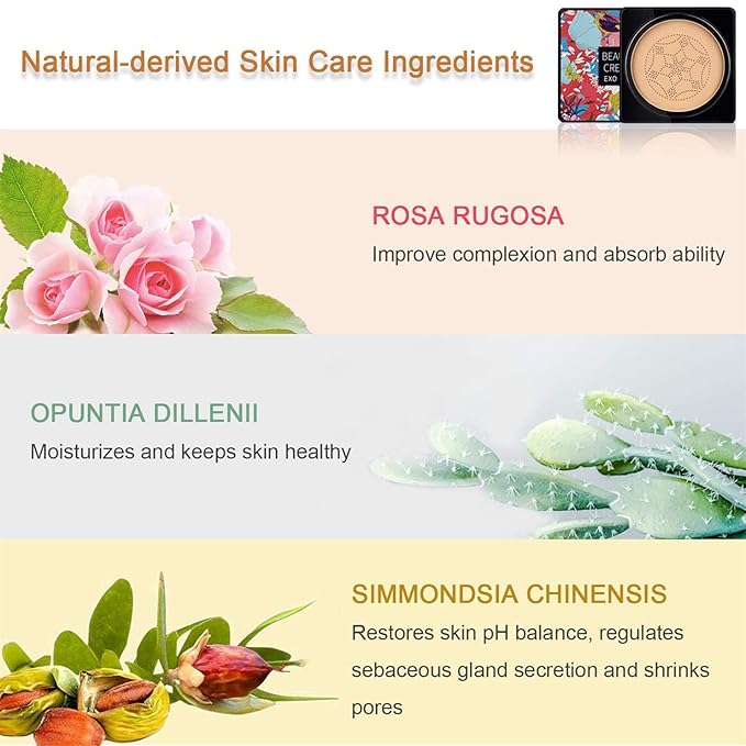 NUIBO Air Cushion CC Cream Mushroom Head, Moisturizing Concealer Makeup Base, Primer Liquid Foundation Long Lasting with Mushroom Makeup Sponges 【Natural】