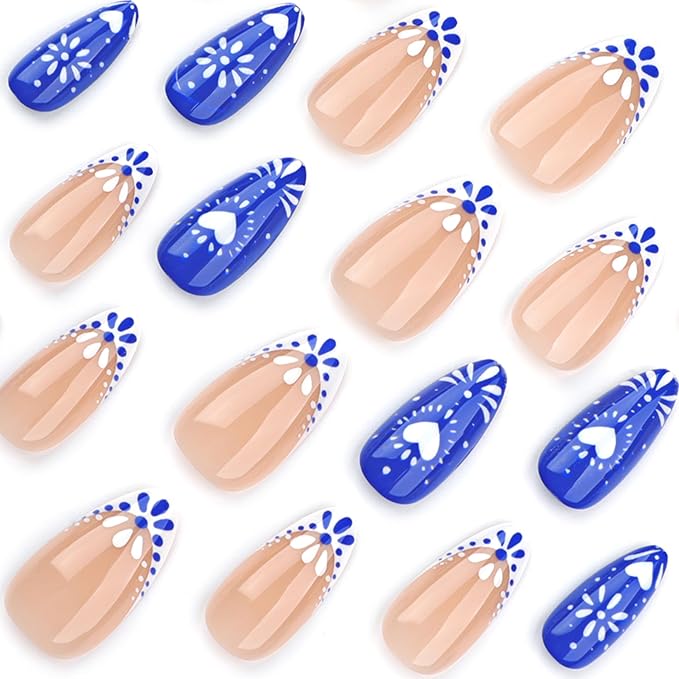 XZMeiLun Blue French Tips Press On Nails Short Almond, Flower Heart Sticke On Nails, Designer Reusable Acrylic Nails Press Ons, Fake Nails With Glue On Nails, Daily Wea False Nails For Women