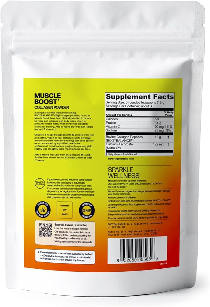 Sparkle Wellness Muscle Boost (No Flavor) [30-Serves] | Collagen Supplement Powder with Hydrolyzed BODYBALANCE Collagen Peptides & Buffered Vitamin C | Improves Body Composition