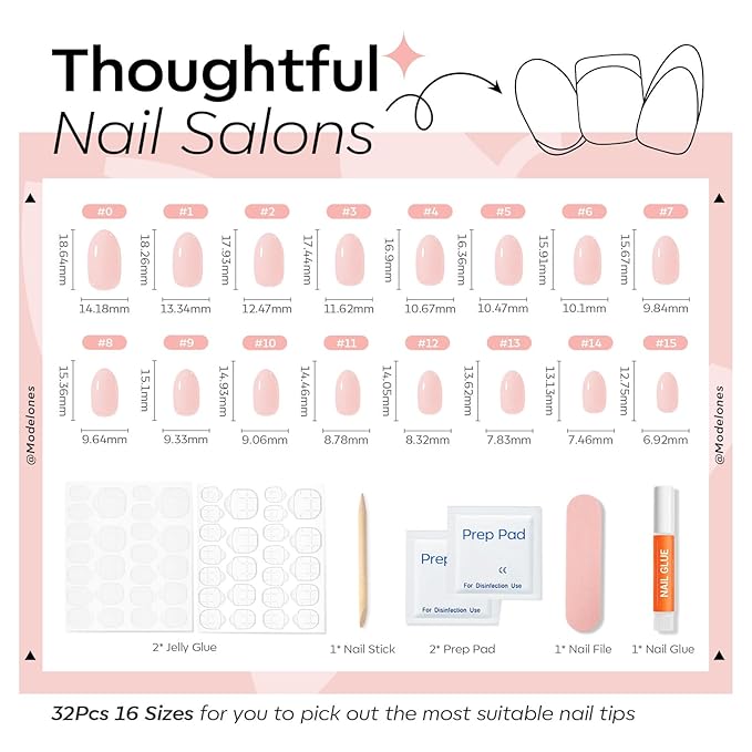 modelones Nude Pink Short Press on Nails, Semi-Transparent Oval Fake Nails Kit Press Ons with Nail Glue, Adhesive Tabs, Nail File, Prep Pad, Manicure Stick, 32Pcs 16 Sizes, Valentines