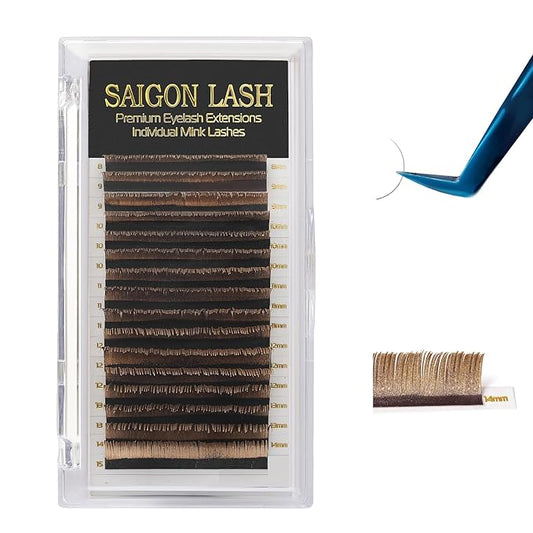 SAIGON LASH Eyelash Extensions, Mink Lash, Volume & Classic Lashes for Professionals, J/B/C/CC/D/L/M Curl, 4-15mm Length, Soft Korean PBT Fiber, 16 Rows Lash Tray (Gold Rose-CC-0.07-8-15mm)