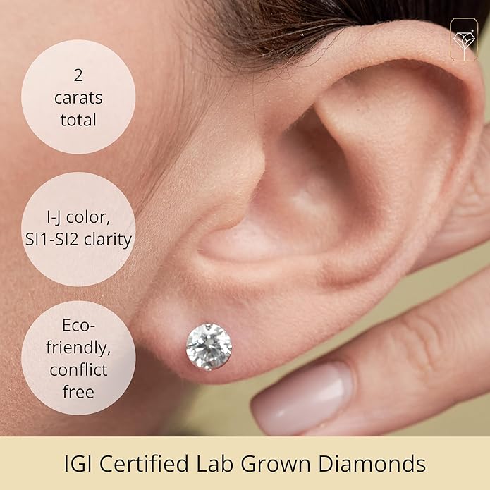 1/4-2 Carat IGI Certified Lab Grown Diamond Stud Earrings | Solitaire Real Diamonds Earring for Women in I-J Color & SI1-SI2 Clarity | 14K Gold Diamond Studs with Secure Backs by MAX + STONE