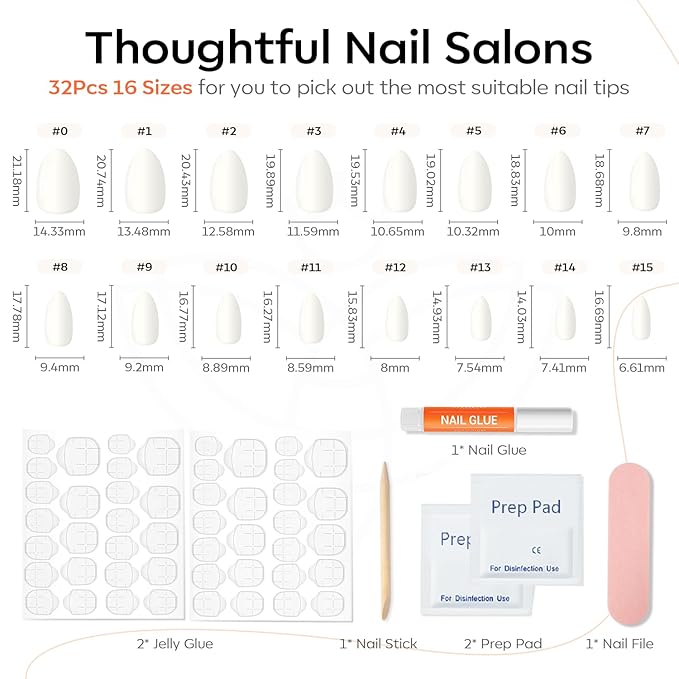 Modelones Milky White Press on Nails Almond, Valentine Short Fake Nails, Reusable Nail Kit with Nail Glue Adhesive Tabs Mini Nail File, Nails Press Ons 32Pcs 16 Sizes, Women Girl Gift