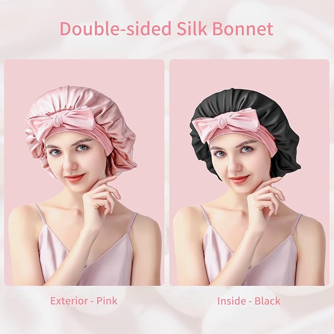 Silk Bonnet for Sleeping Women, 22 Momme 100% Mulberry Silk Sleep Cap, Double-Layer Reversible Silk Hair Wrap for Women & Night Hair Care, Fits All Hair Types – Pink