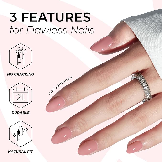 modelones Soft Pink Short Press on Nails, Semi-Transparent Oval Fake Nails Kit Press Ons with Nail Glue, Adhesive Tabs, Nail File, Prep Pad, Manicure Stick, 32Pcs 16 Sizes, Valentines